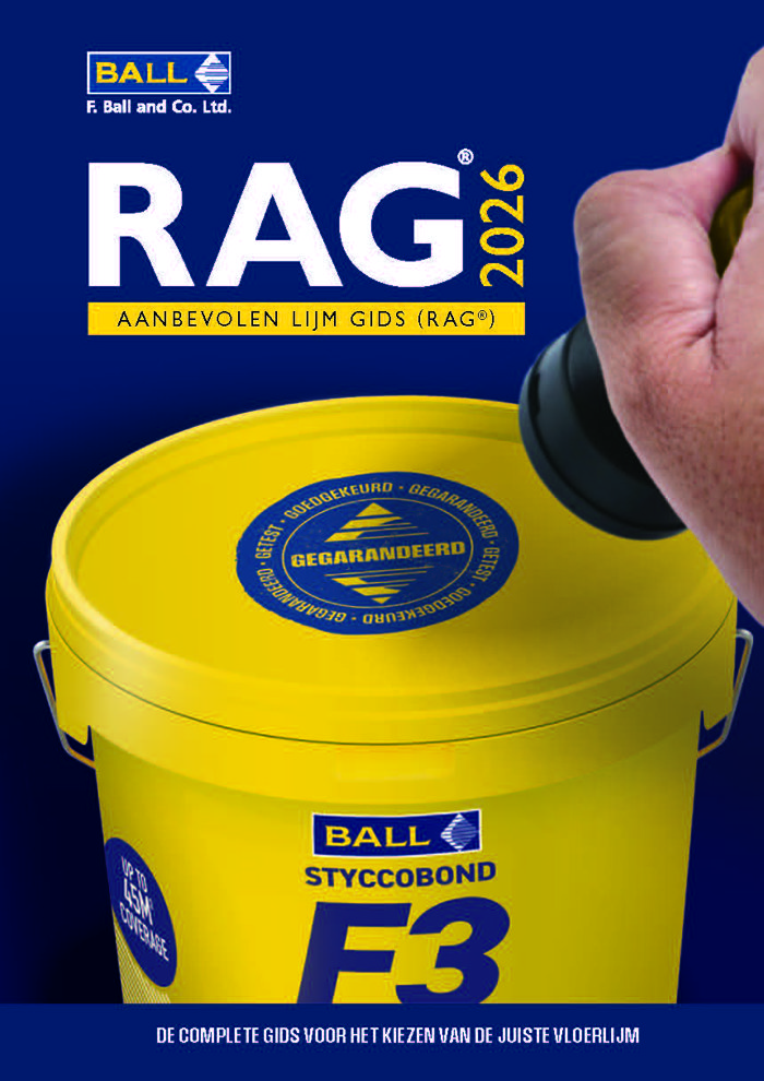 Britse fabrikant F. Ball heeft de 2026 versie van zijn ‘Aanbevolen Lijmgids’ gelanceerd. FBall RAG26 Cover AW dutch